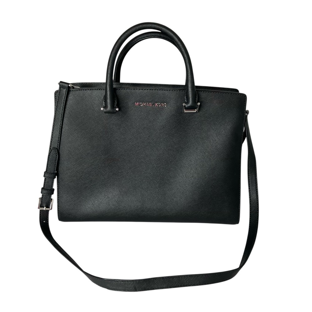 Michael‎ Kors Large Savannah Saffiano Leather Satchel Bag Black & Silver